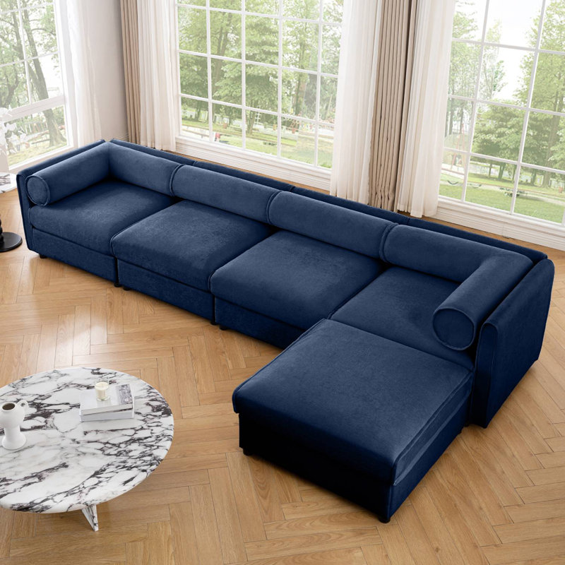 Ensemble modulaire rembourré 5 pièces avec repose-pieds avec rangement 5 pièces, Chenille bleu