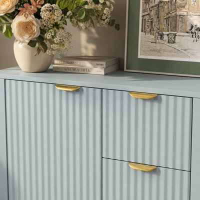 Varello 47.2" Modern Wave-Design Sideboard with 3 Drawers, Double-Door Cabinet, 3-Level Adjustable Shelf, Aluminum Handles and Soft-Close Storage