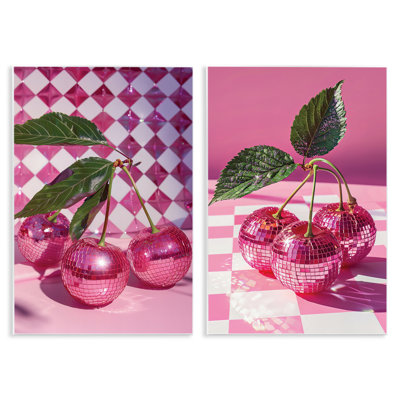 «Retro Glam Checkerboard Cherries», ensemble de 2 plaques murales, design par LSR Creative Studio