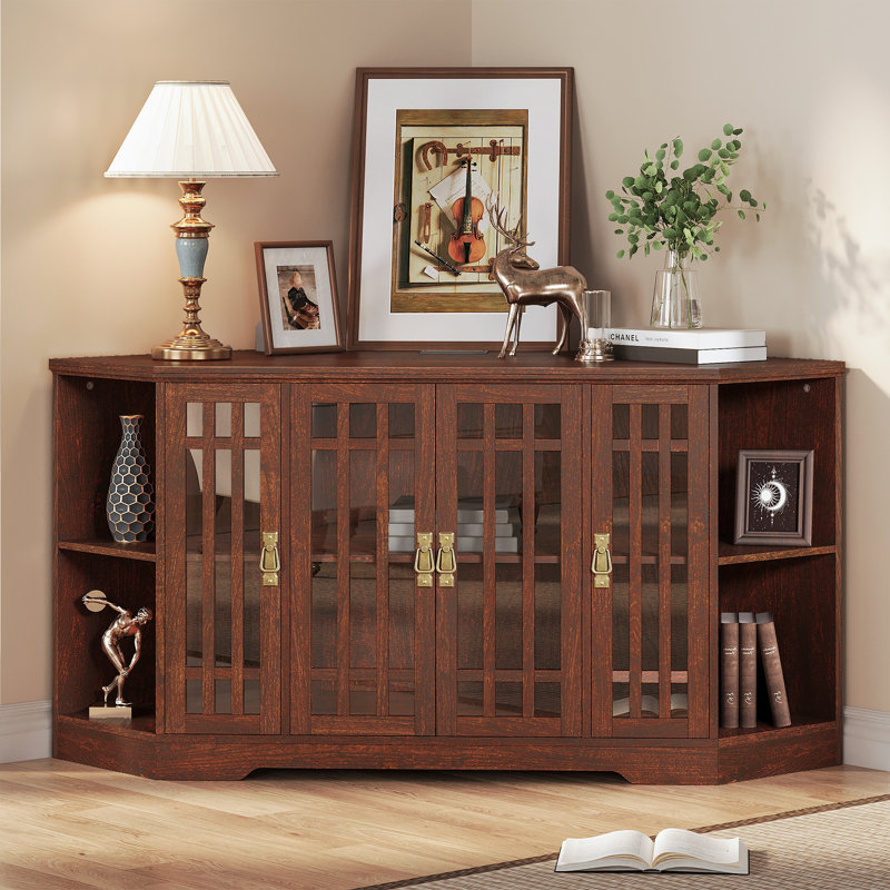 Corner Tv Stand For Tvs Up To 65 Inch With Power Outlet, Corner Entertainment Center With Storage Cabinet And Glass Doors, Mid Century Modern Tv Stand For Living Room, Bedroom