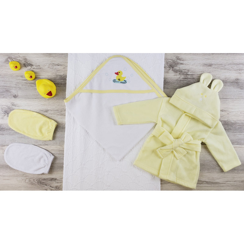 Unisex Yellow and White Hooded Cotton Washcloth Set for Newborns