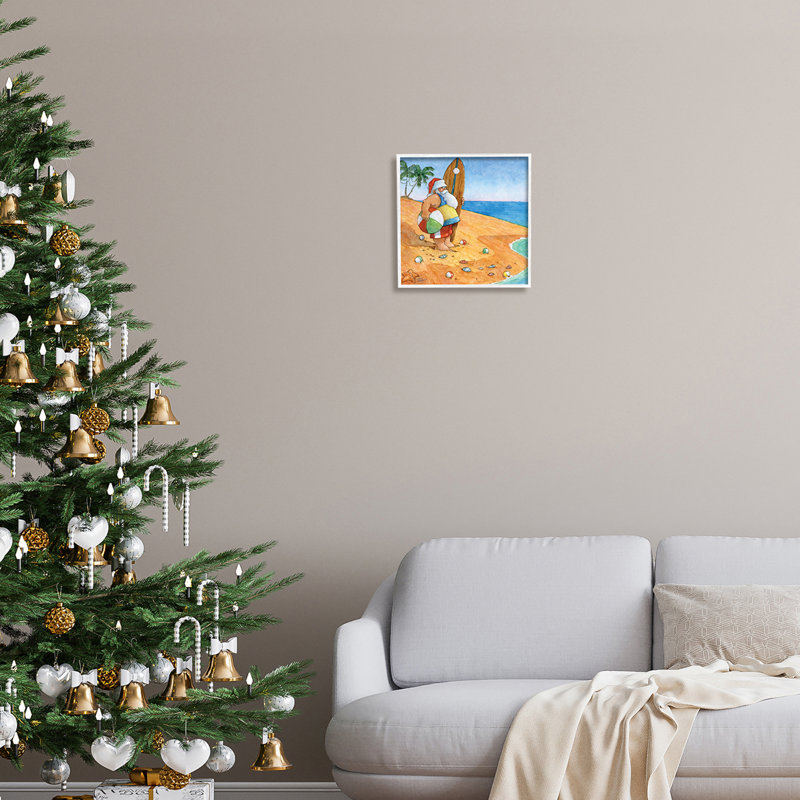 «Santa Claus On Beach Surf Board Tropical Christmas», estampe numérique encadrée de Steve Vanderbosch