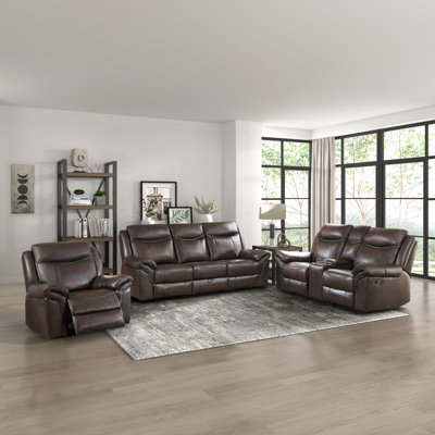 Bayshore Modern & Contemporary Breathable Faux Leather 3-Piece Living Room Set with Integrated Power Console, Tab Pull Recline & USB Charging Ports