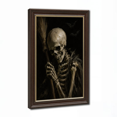 Full Body Skeleton Holding Broom With Bats In Halloween Canvas Wall Art