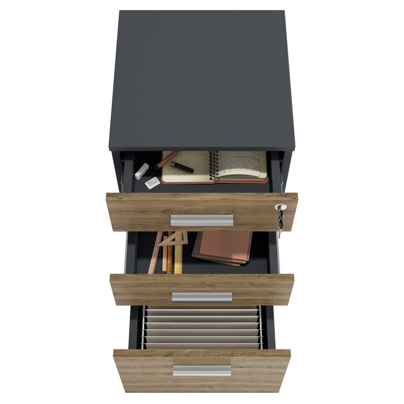 Galia Lazio Hanging File Cabinet W/ 3 Lockable Drawers & Wheels, Black/Walnut