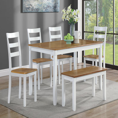 Contemporary 6pc Dining Set Table W 4x Side Chairs And Bench Wooden Seats Chairs Rubber Solid Wood Dining Room Furniture