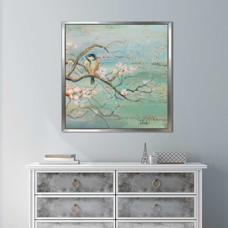 «Spring Branch with Birds», reproduction de peinture acrylique, H 21,5 po x l 21,5 po x P 2 po, Cadre flottant argent