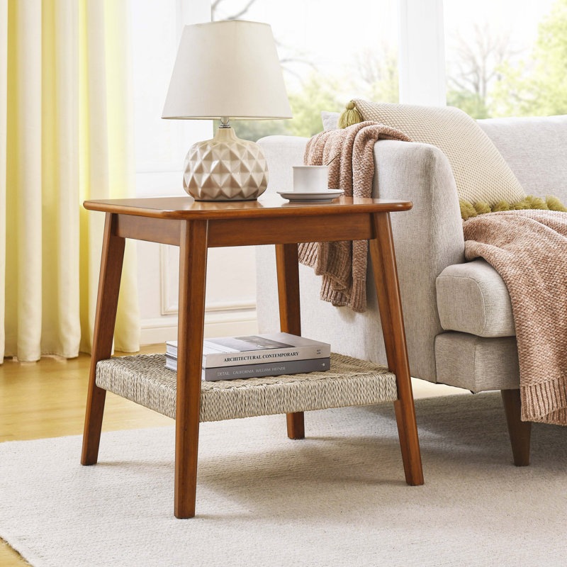 Side Table with Woven Shelf, Boho Side Table with Storage