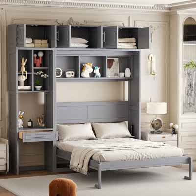 Lit escamotable mural avec bureau, armoire supérieure et tablettes de rangement, lit pliable peu encombrant
