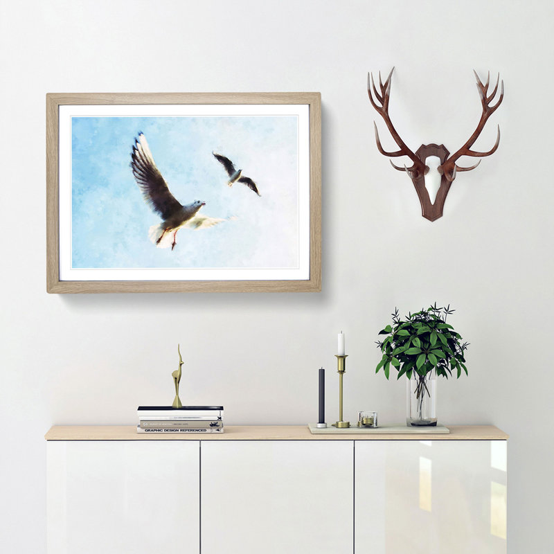 Pair Of Flying Seagulls - Single Picture Frame Print on MDF, Oak, 62cm H x 87cm W x 2cm D