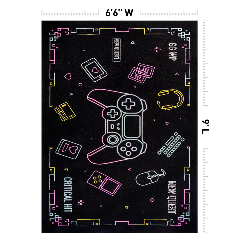 Tapis de jeu Neon Arcade, noir, envers antidérapant, 6 pi 6 po x 9 pi