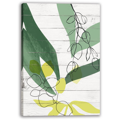 Silhouette botanique en vert et jaune sur toile tendue de bois rustique