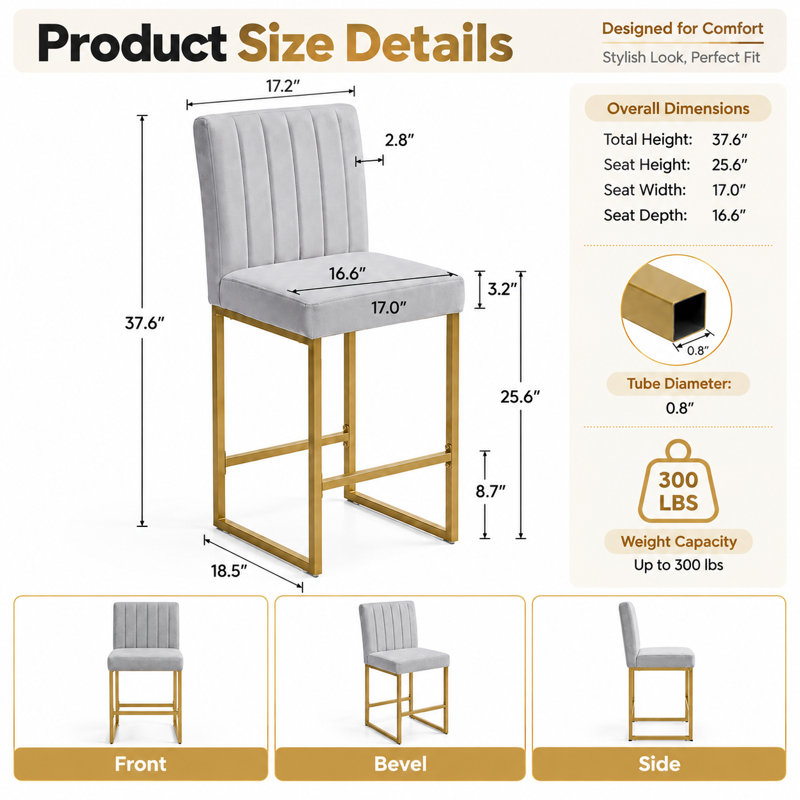 Ensemble de 2 tabourets de bar de hauteur comptoir avec coussin en velours et dossier ergonomique, chaises de bar modernes rembourrées avec pieds en métal robustes