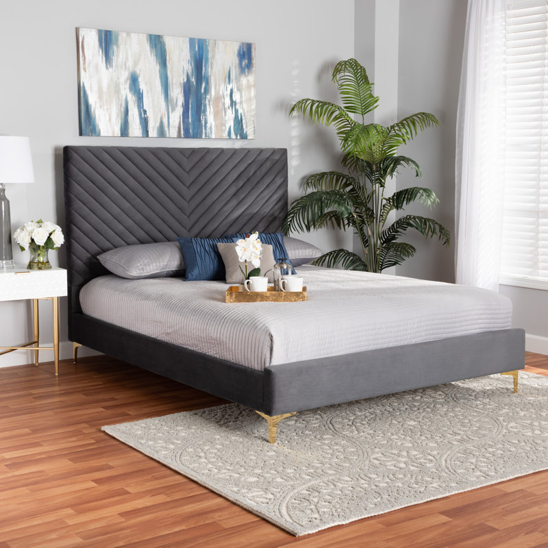 Gray Velvet Upholstered Queen Bed with Chevron Tufted Headboard
