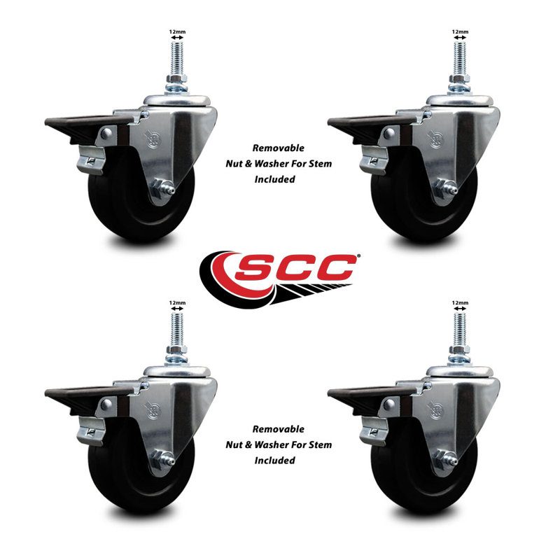 3.5 Inch_Hard Rubber 12MM Threaded Stem Caster Set with Brake