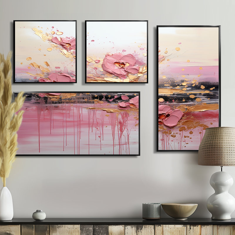 Rose, formes liquides modernes II - art mural 4 pièces, Noir, Impression encadrée sans passe-partout