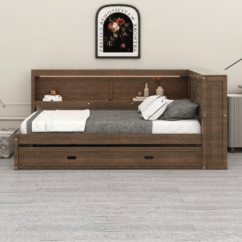 Lit de jour en bois avec USB, DEL, lit gigogne et tête de lit, Bois antique