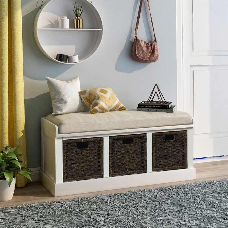 Rustic Storage Bench with 3 Removable Classic Rattan Basket , Entryway Bench Storage Bench with Removable Cushion, White 2