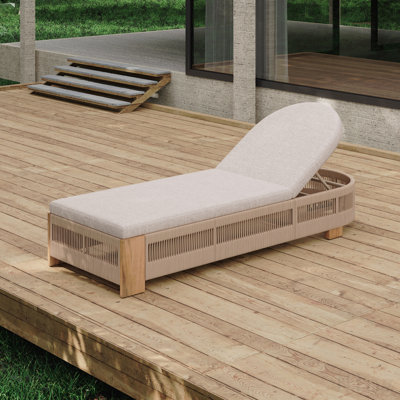 Chaise longue d'extérieur, chaise de piscine en bois d'acacia avec dossier et coussin réglables, chaise longue d'extérieur pour la plage, la cour ou le bord de la piscine (corde)