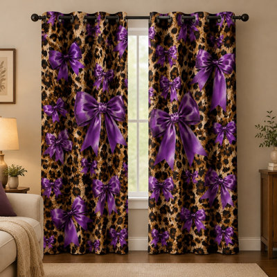 Lot de 2 rideaux occultants à œillets violets à motif léopard et nœud papillon, élégants, réduisant le bruit et protégeant l'intimité, décoratifs pour la chambre, le salon, la cuisine et la décoration intérieure.