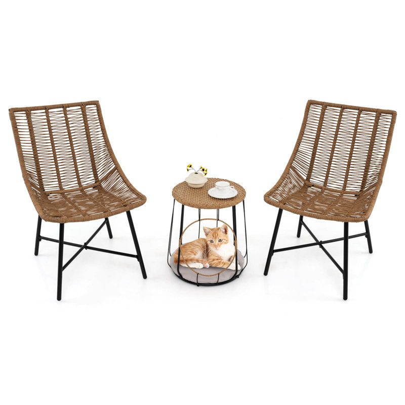 3 Piece Outdoor Furniture Set Heavy Duty Patio Chairs W/Pet House-Brown