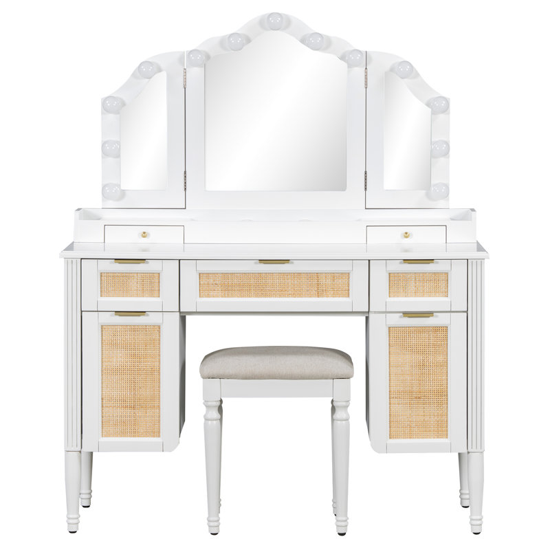 Ensemble de coiffeuse 44,37 "avec tabouret, 13 ampoules Hollywood et 3 modes d'éclairage, coiffeuse à miroir triple pliable avec tabouret rembourré, station de charge, beaucoup de rangement, blanc