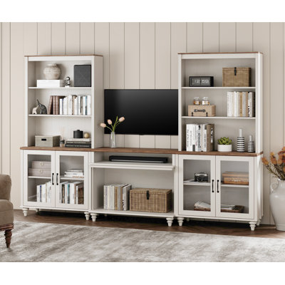 Meuble télé avec tablettes pour téléviseur de 40 po Farmhouse, centre de divertissement moderne avec porte en verre, blanc