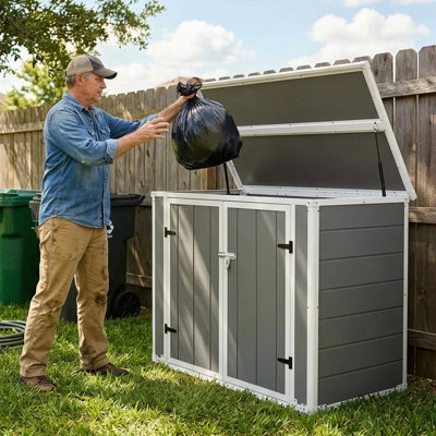 Horizontal Outdoor Storage Shed with Ramp & Hydraulic Lid, Lockable Waterproof Storage Cabinet for Trash Cans, Tools & Firewood