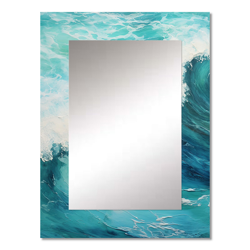 «Ocean Teal Wave Expression I - Waves Unique Mirror», grand miroir mural bleu, reproduction d'art en métal, 32 po x 24 po