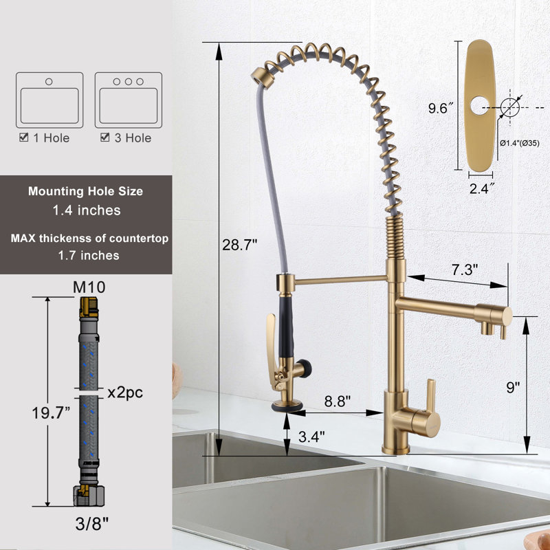 Spring Pull Down Single Handle Kitchen Faucet with Deck Plate and Handles, Gold