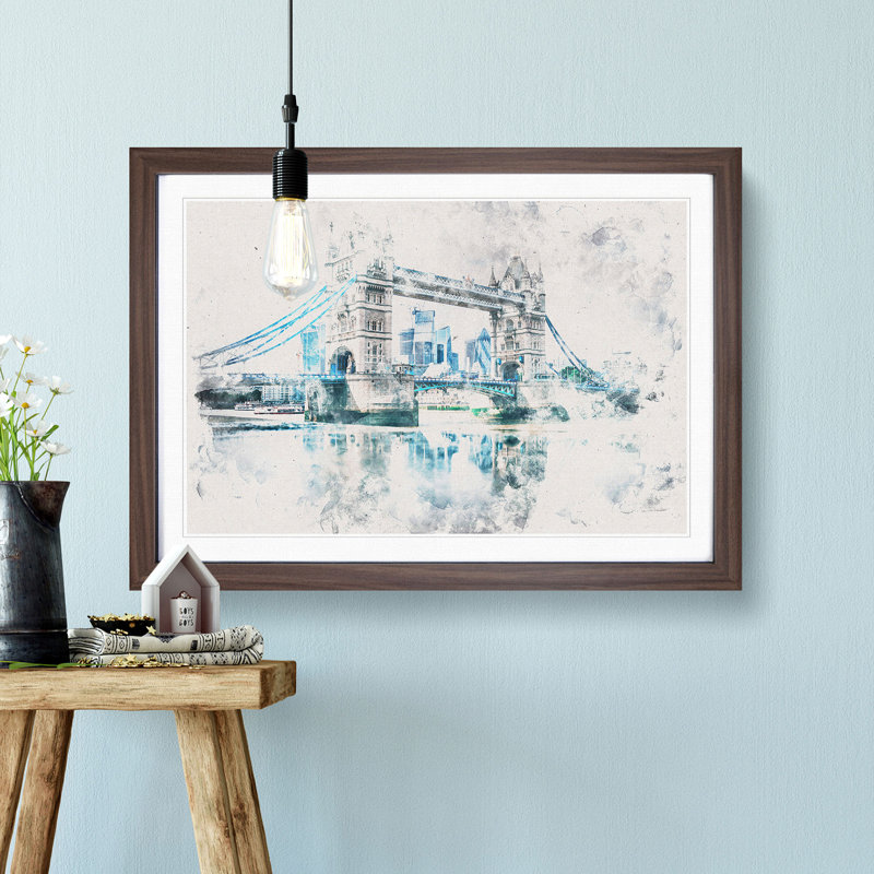 London Bridge Watercolour - Framed Print, Walnut Framed, 62cm H x 87cm W x 2cm D