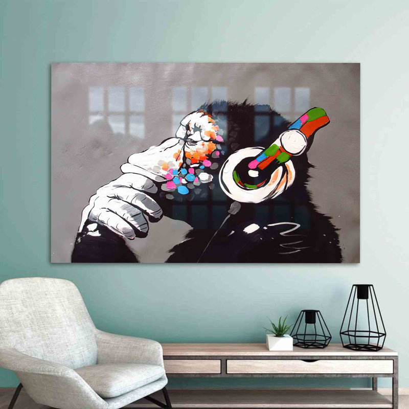 Abstrait art mural en verre trempé avec un chimpanzé musical pour un décor de style de rue unique, H 47,2 po x l 70,9 po