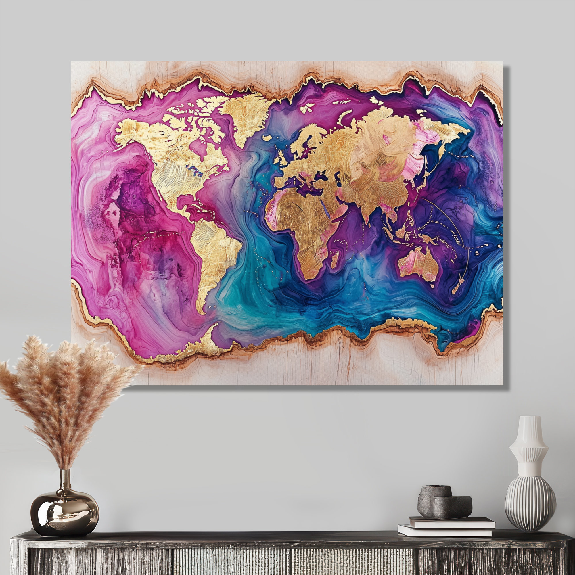 Mercer41 Crystals And Amethyst World Map Wood Slide III - Modern Metal ...