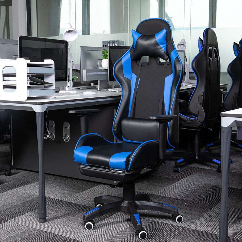 Wade Logan Adjustable Reclining Ergonomic Swiveling PC & Racing Game Chair with Footrest, Black/Blue