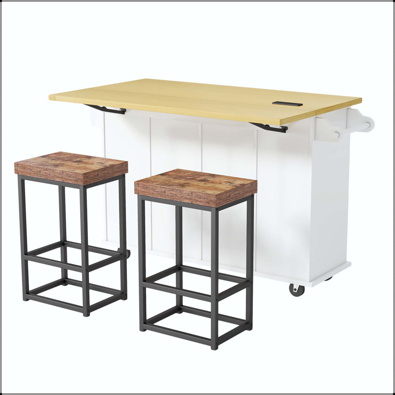 Îlot de cuisine 47,2 po avec 2 tabourets de bar, rallonge et prise de courant - blanc, White