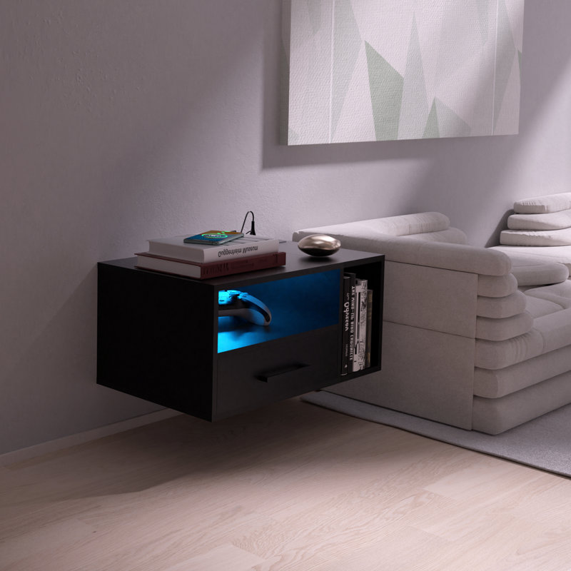 Jorid 21.3''W Wall Mounted Floating Nightstand with RGB Light, Black