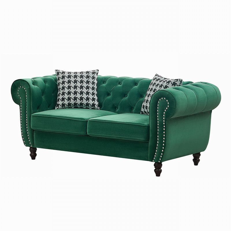 65"Chesterfield ‌Velvet Upholstery Fabric Sofa With Roll Armrest & Nailhead,Upholstered Mid Century Modern Couch,2 Seater Couch For Living Room, Office, Apartment, Green