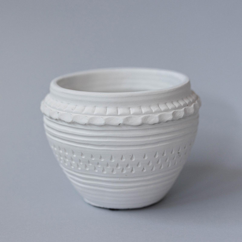 White With Line And Dot Pattern Planter, 4.25" H x 5.5" W x 5.5" D