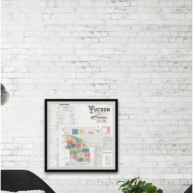 Carte de Tucson - Reproduction d'art graphique sur papier encadré, H 24 po x l 24 po x 1,5 po