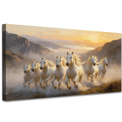 Horses Canvas Wall Art – Running White Horse Picture Prints, Landscape Animal Painting, Equestrian Decor, Ready to Hang Canvas Artwork for Living Room Bedroom Office, 20×40 Inches