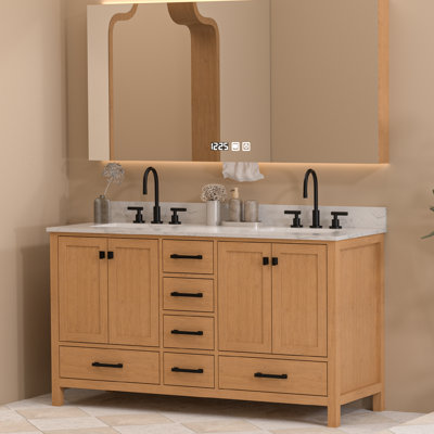 Ensemble de meuble-lavabo double 60 po avec comptoir en pierre artificielle sans miroir 60 po