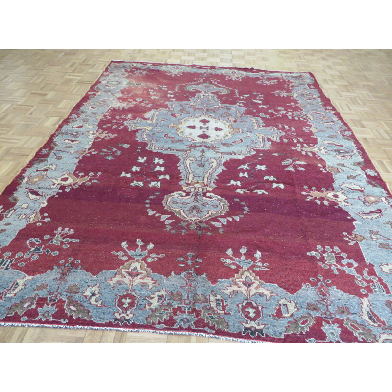 Tapis décoratif en laine rouge 7 pi 6 po x 9 pi 9 po one-of-a-kind Ezryn noué à la main