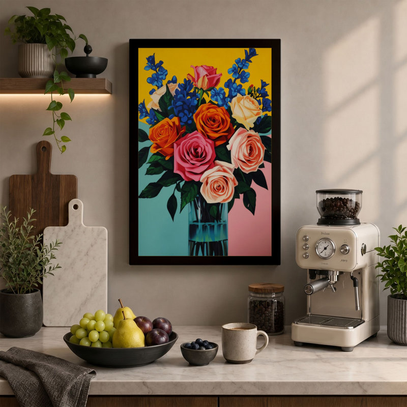 Vibrant Floral Arrangement Botanical - Wrapped Canvas, 36x24 - 91.4 x 61.0 cm, Ochre Border