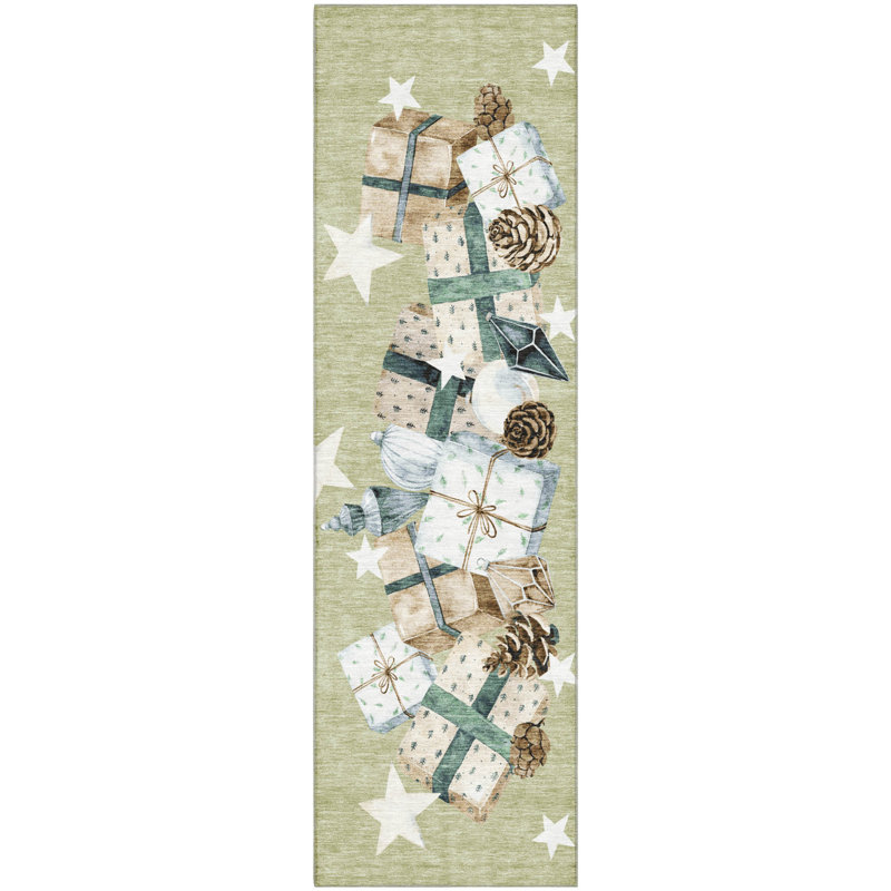 Premium Machine Washable Castillon AMF1825 Stars and Presents Holiday Rug, Runner 2'3" x 7'6"