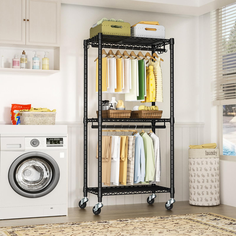 Black Portable Wire Closet System with Wheels, 23.6'' W x 14'' D x 74.5'' H