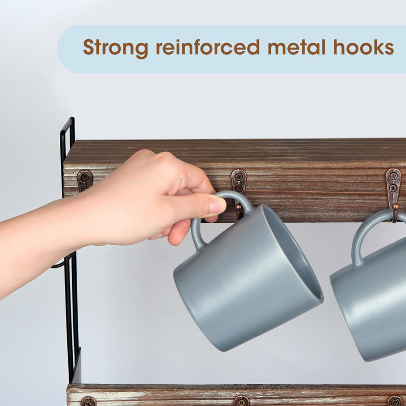 Mug Holder For Countertop 2 Tier Coffee Mug Shelf Rack Storage With Metal Frame And Rustic Wood Shelves For Coffee, Tea Cups Display Organizer With 10 Hooks