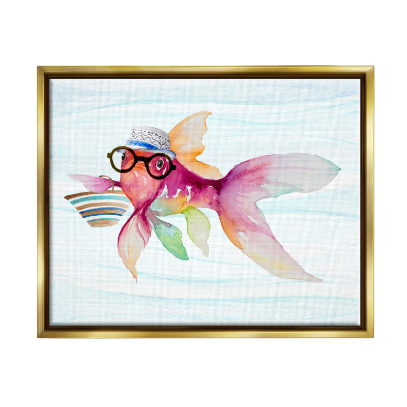Hipster Fish, art marin sur toile flottant par Lanie Loreth, H 17 po x l 21 po x P 1,7 po, Cadre flottant métallique doré