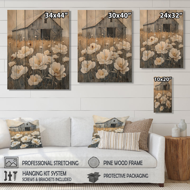 Peonies By The Milking Barn I - Peonies Wood Wall Decor - On Natural Pine Wood, 20" H x 10" W x 0.78" D