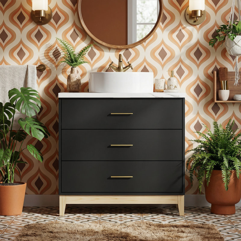 Meuble-lavabo noir avec 3 tiroirs et comptoir intégré