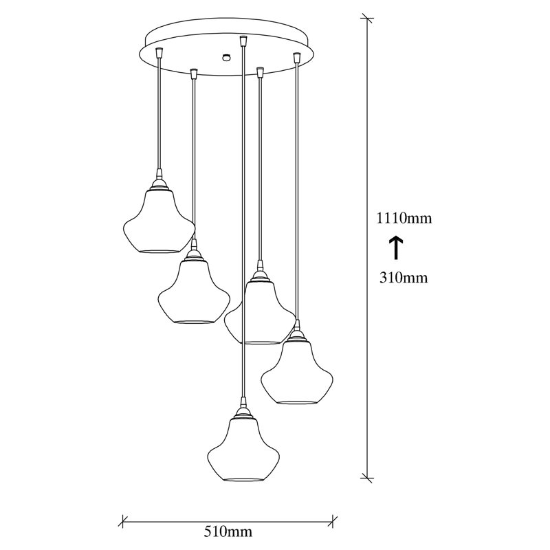 Lustre scandinave élégant, finition dorée et noire, 20,1 po x 20,1 po | Hauteur réglable: 43,7 pouces | Corps en métal durable, capuchon en verre, 5 x douilles E27 (40 W maximum) | Parfait pour la décoration glamour nostalgique